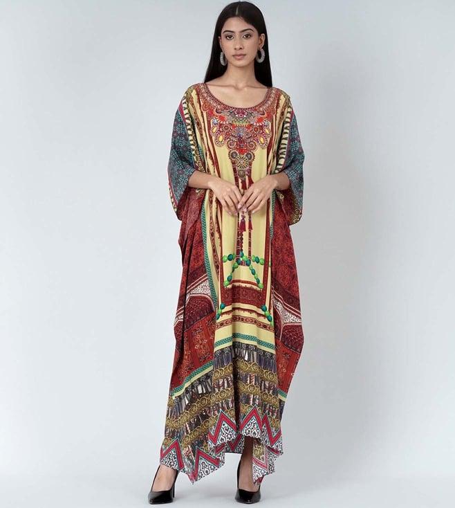 first resort by ramola bachchan yellow and brown tassel print embellished silk full length kaftan