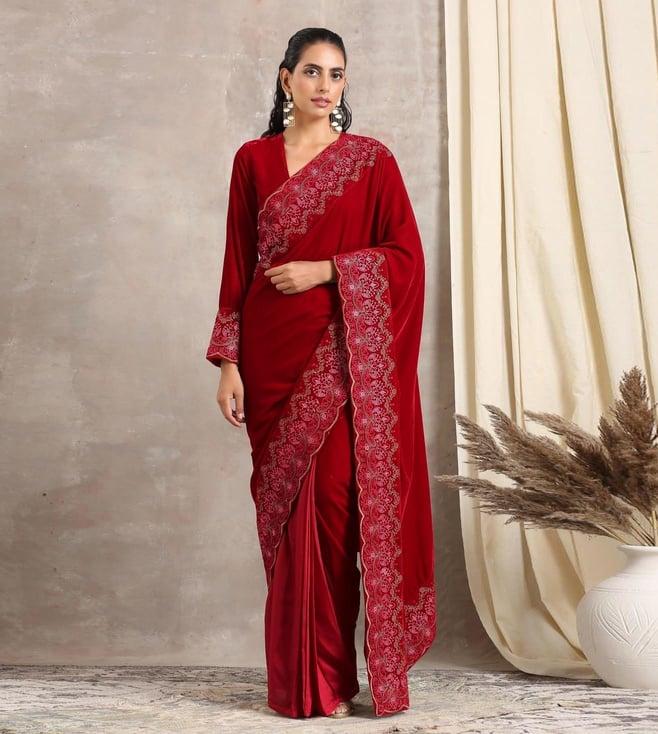 truebrowns red velvet silk embroidered ready pleated saree