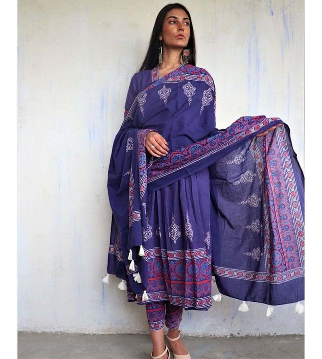 chidiyaa purple pure cotton block printed ajooni dupatta