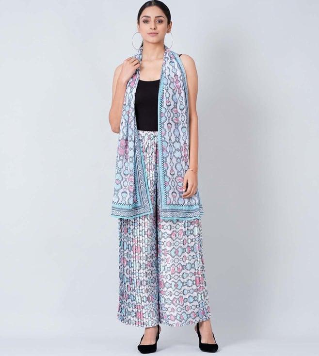 first resort by ramola bachchan blue geometric pleated palazzo and stole set