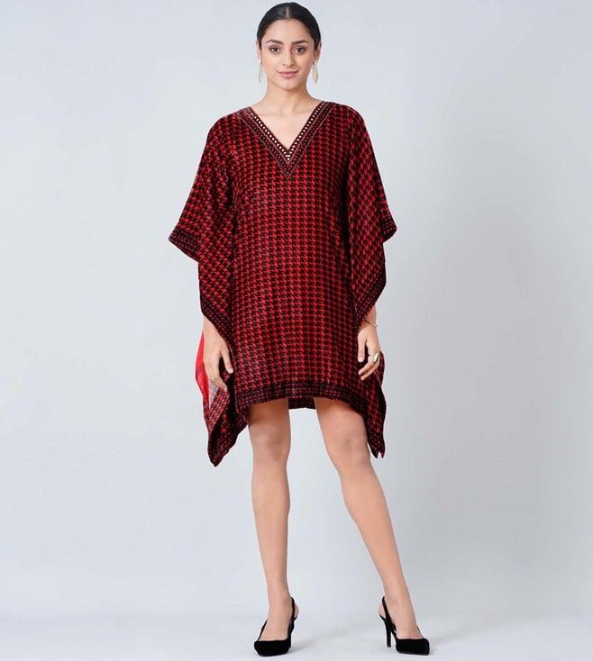 first resort by ramola bachchan red crystal embellished houndstooth silk velvet tunic