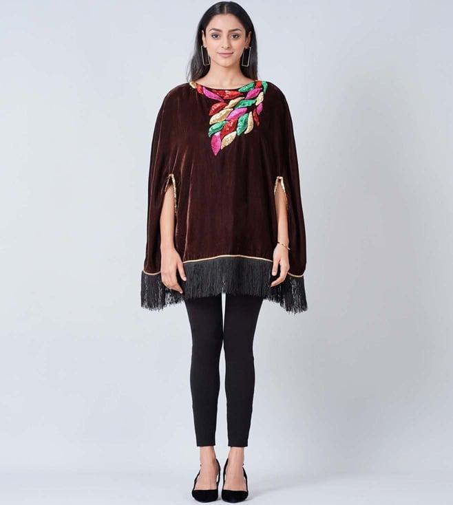 first resort by ramola bachchan brown sequinned velvet poncho