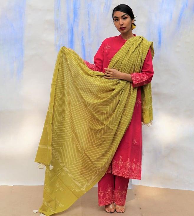 chidiyaa parrot green handprinted pure cotton dupatta skd