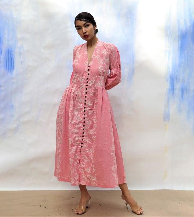 chidiyaa pink handprinted front open pure cotton dress skd