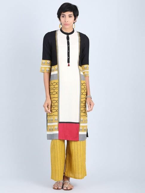 w white & mustard printed straight kurta