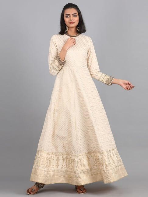 w beige cotton printed anarkali kurta