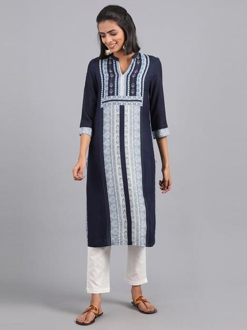 w navy printed straight kurta