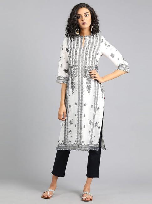 w white floral print straight kurti