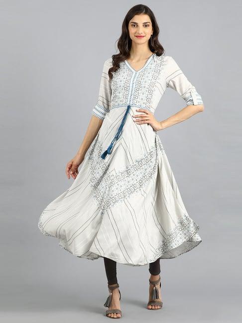 w off-white woven pattern a line kurti