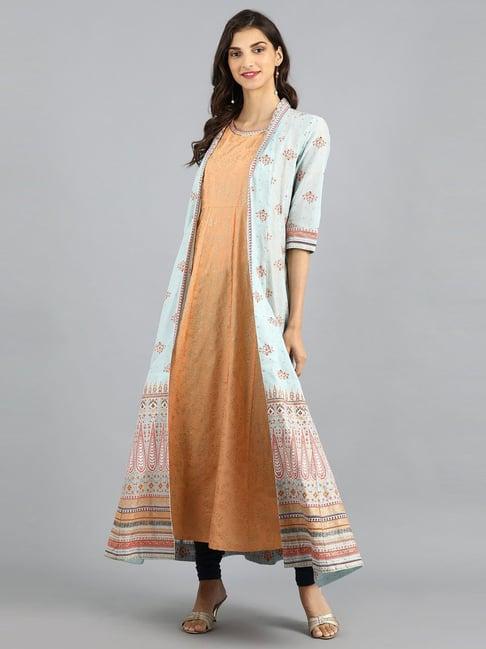 w orange & sky blue cotton zari work a line kurti with jacket