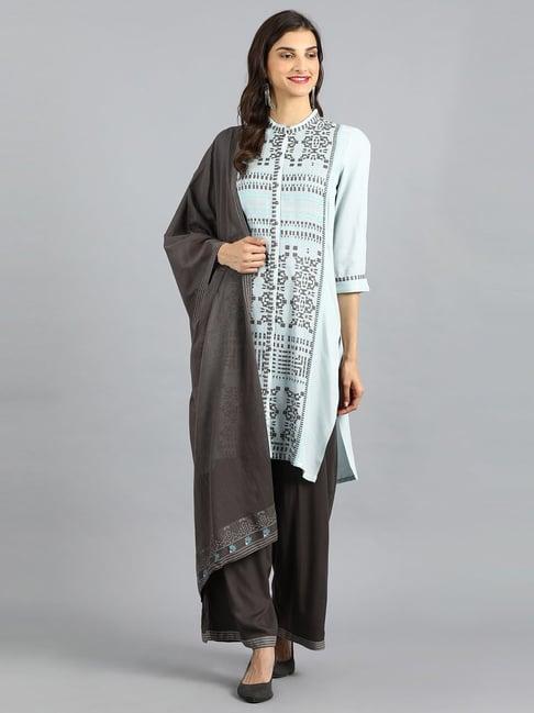 w sky blue cotton woven pattern straight kurti