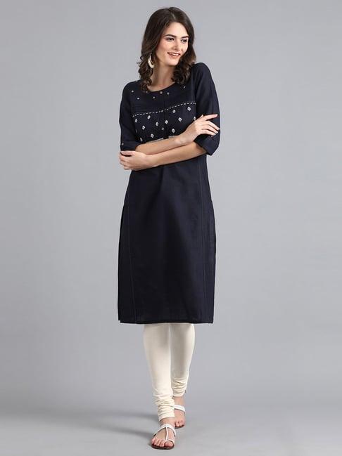 w navy embroidered straight kurta