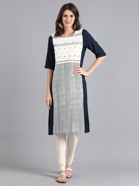 w off-white & navy embroidered straight kurti