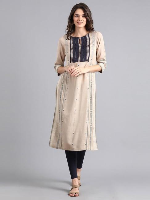 w beige striped straight kurta