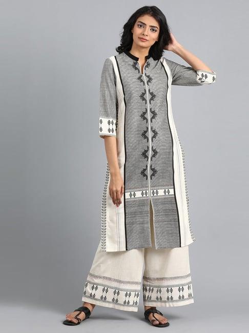 w grey & beige embroidered straight kurta