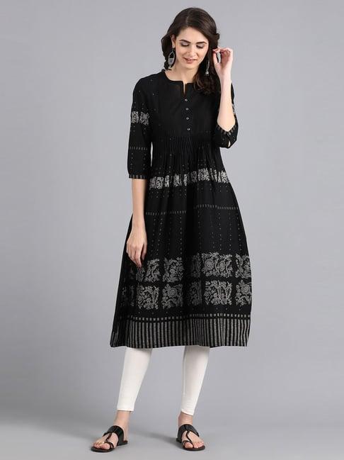 w black cotton floral print a line kurti