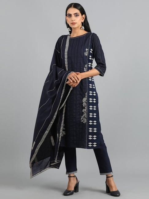 w navy printed straight kurti