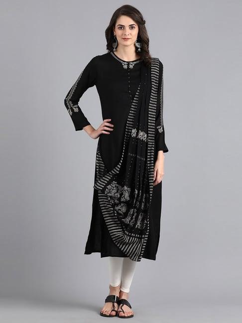 w black floral print straight kurti