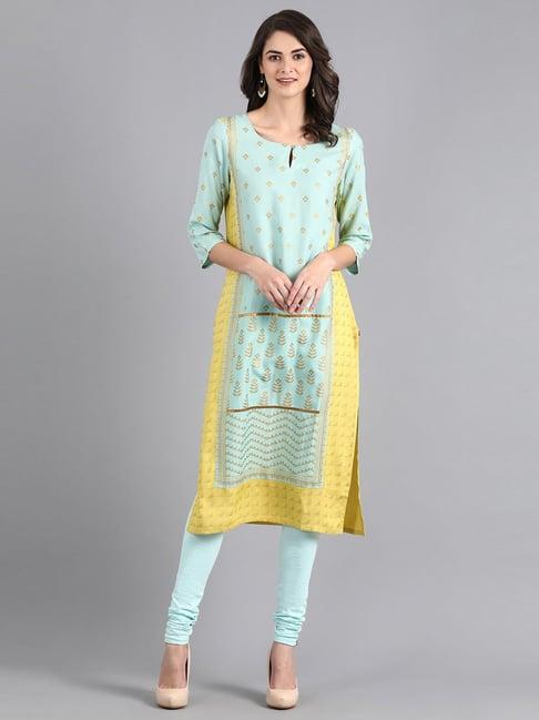 w sky blue printed straight kurti