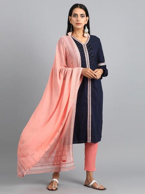 w navy embellished straight kurta