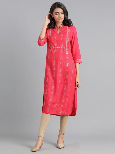 w pink paisley printed straight kurta