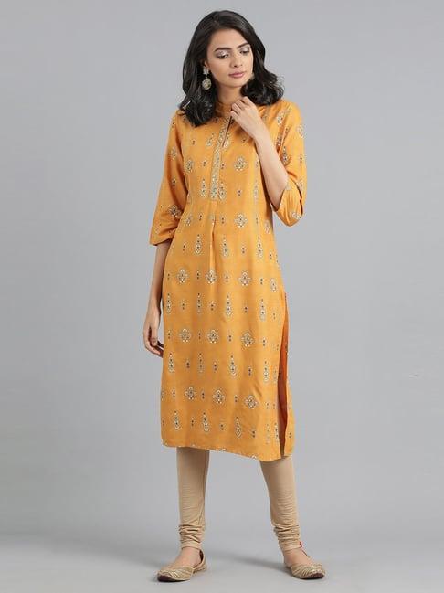 w yellow floral print straight kurti