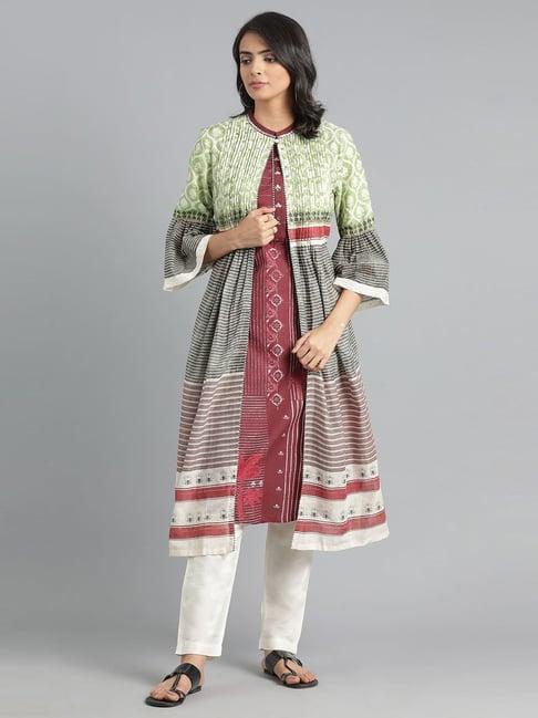 w grey & green cotton printed straight double layered kurta