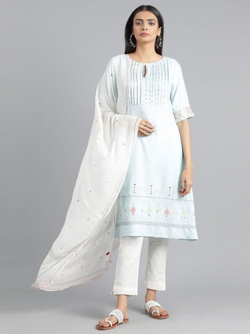 w light blue embroidered a line kurta