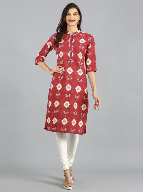 w maroon cotton printed straight kurti