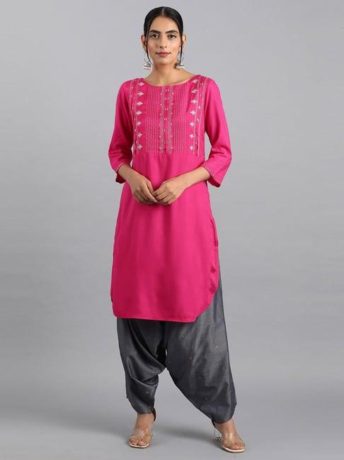 w pink embroidered straight kurti