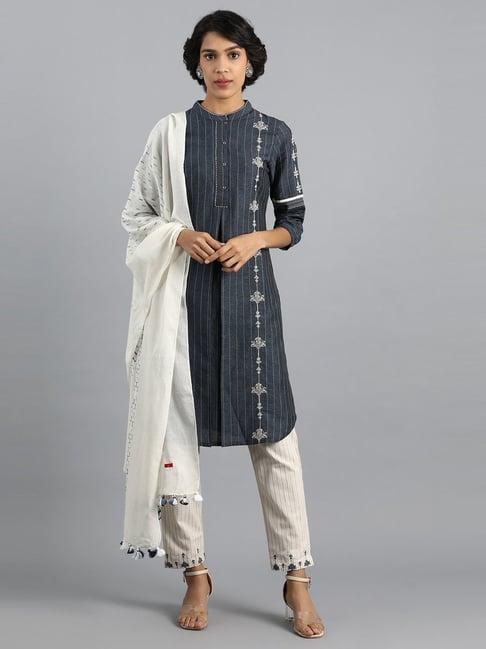 w grey embroidered straight kurti