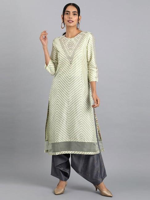 w green & white printed straight kurti