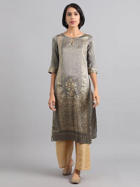 w sage green floral print straight kurta