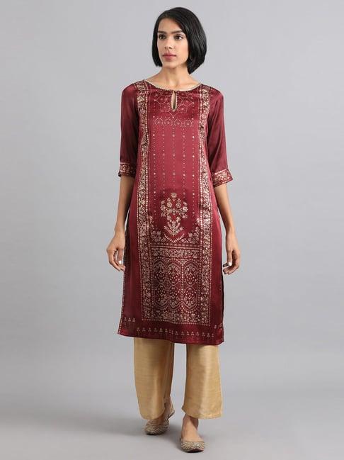 w maroon floral print straight kurta