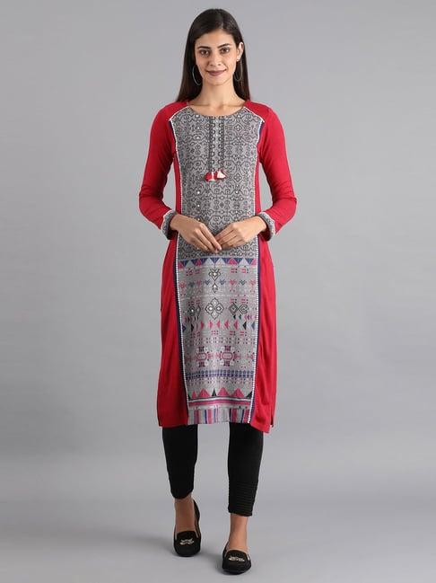 w red & grey woven pattern straight kurta