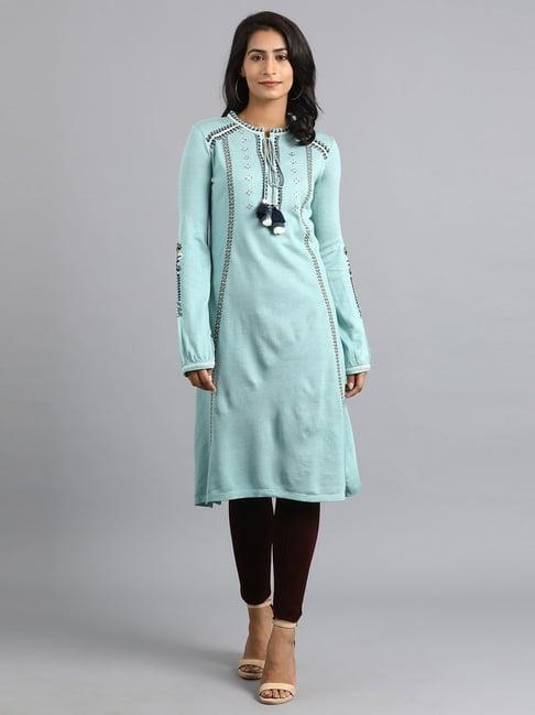 w cyan blue embroidered a line kurta