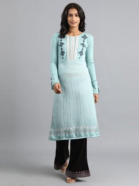 w cyan blue embroidered straight kurta