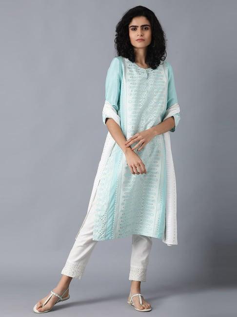 w cyan blue printed straight kurta