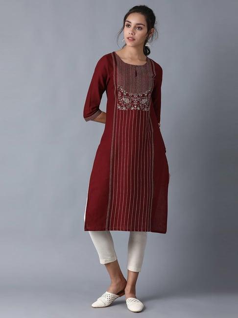 w maroon cotton embroidered straight kurta