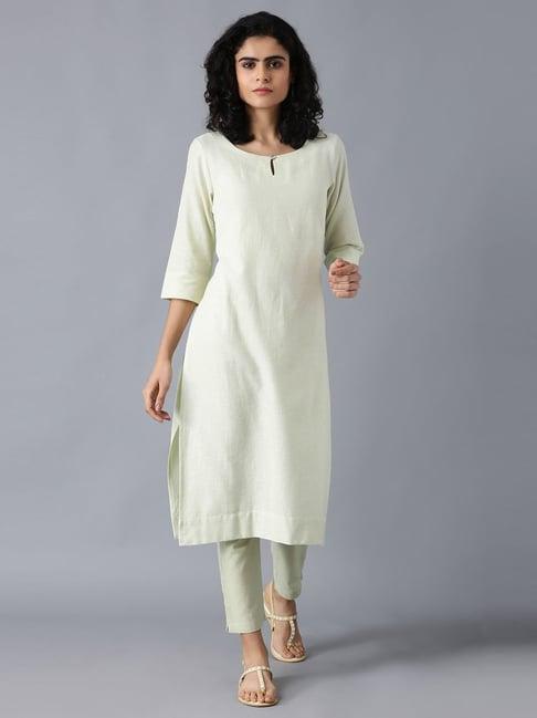 w pista green cotton straight kurta