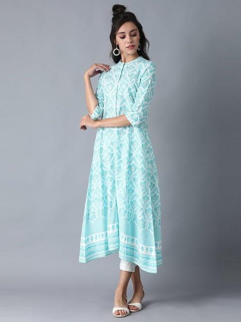 w cyan blue printed a line kurta