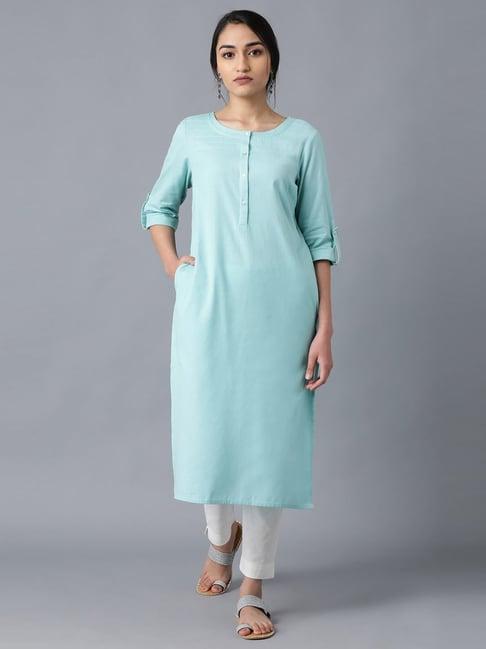 w cyan blue cotton straight kurta