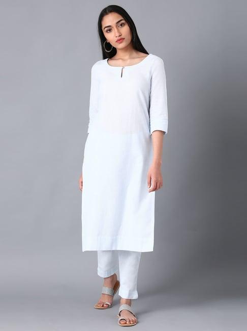 w powder blue cotton straight kurta