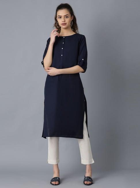 w navy cotton straight kurta