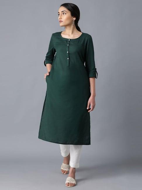 w forest green cotton straight kurta