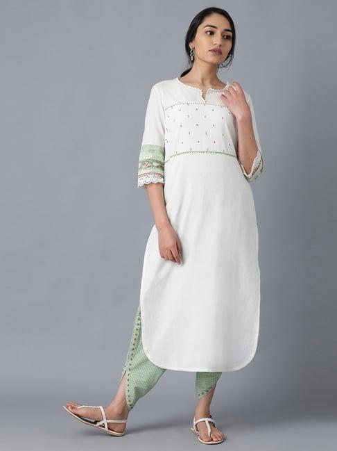 w off-white cotton embroidered straight kurta