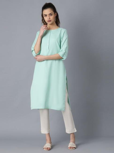 w mint green cotton straight kurta