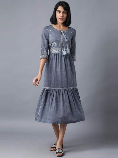 w blue cotton printed a-line dress