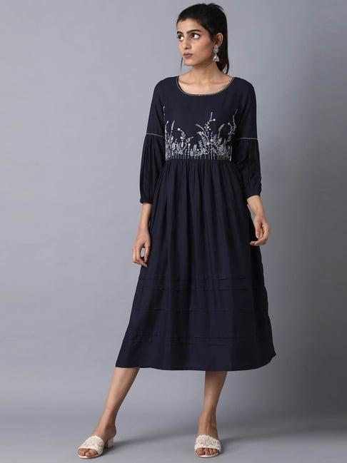 w navy floral print a-line dress