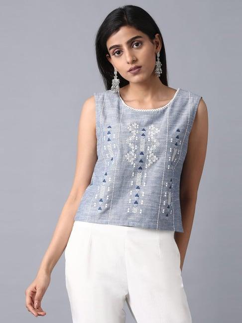 w powder blue cotton embroidered crop top